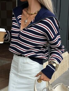 DAZY Business Casual Striped Long Sleeve Half-Zip Pullover - Navy Blue - View 8