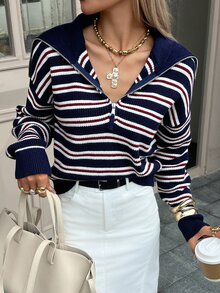 DAZY Business Casual Striped Long Sleeve Half-Zip Pullover - Navy Blue - View 3