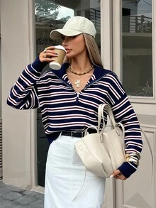 DAZY Business Casual Striped Long Sleeve Half-Zip Pullover - Navy Blue - View 7