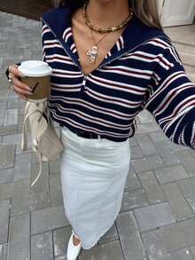 DAZY Business Casual Striped Long Sleeve Half-Zip Pullover - Navy Blue - View 4