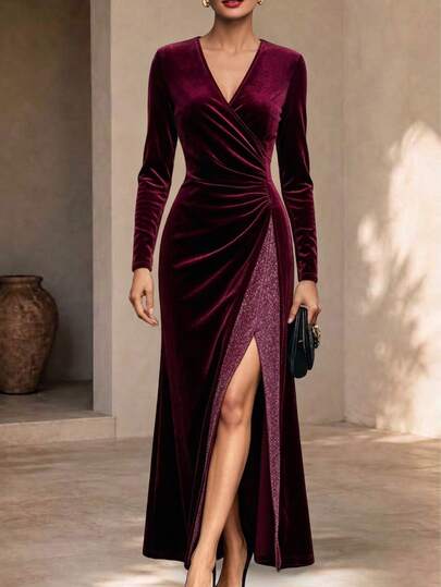 Balvessa Burgundy Velvet Shiny Silk Patchwork Criss-Cross Neckline Pleated Slit Elegant Party Autumn/Winter Women's Long Dress