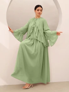 Graceveil 女款純色荷葉邊百褶喇叭袖上衣與裙子休閒端莊優雅日常套裝 晚餐派對夜會 鼠尾草綠 秋季 - 綠色 - 查看 4