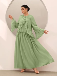 Graceveil 女款純色荷葉邊百褶喇叭袖上衣與裙子休閒端莊優雅日常套裝 晚餐派對夜會 鼠尾草綠 秋季 - 綠色 - 查看 8