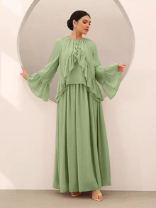 Graceveil 女款純色荷葉邊百褶喇叭袖上衣與裙子休閒端莊優雅日常套裝 晚餐派對夜會 鼠尾草綠 秋季 - 綠色 - 查看 3