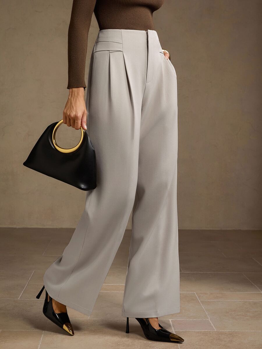MOTF PREMIUM FOLD PLEATED STRAIGHT LEG SUIT PANTS - Grey - View 1