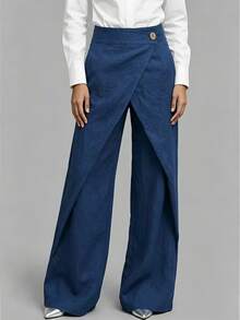 SHEIN Deep Blue Wrap-Around Criss-Cross Front Wide Leg Pants For Women, Wooden Button High Waist Faux Slit Design, Draped Floor-Length Trousers - Blue - View 3