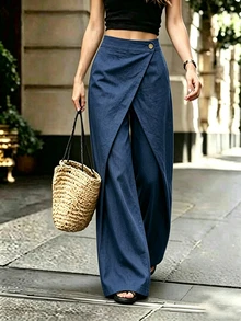 SHEIN Deep Blue Wrap-Around Criss-Cross Front Wide Leg Pants For Women, Wooden Button High Waist Faux Slit Design, Draped Floor-Length Trousers - Blue - View 1