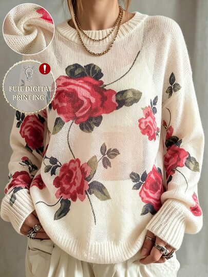 Ceyna Plus size damtröja med rund hals, sänkta axlar, lång ärm, blommönster, lös, avslappnad, vintage, minimalistisk, elegant, romantisk, söt, för semester och dejt, 2026 ny pullover