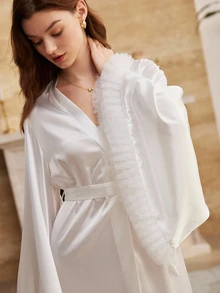 Moireta Bata larga de satén de lujo y elegante hasta el suelo, bata de pijama para mujer, bata de noche para mujer, bata nupcial, bata de encaje blanco, bata de seda blanca, para otoño, invierno - Blanco - Ver 4