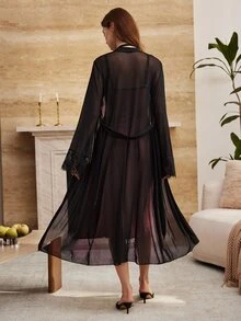 Moireta Women's Elegant Contrast Lace Sleeveless Nightgown With Slit, And Soft Sheer Lace-Up Robe Sleepwear Set - Multicolor - View 2