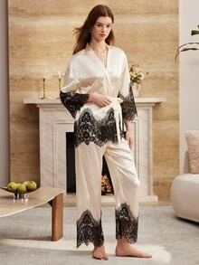 Moireta مجموعة بيجامة نسائية أنيقة من القطن الساتان بأكمام طويلة مع تطريز دانتيل، مناسبة لجميع الفصول، قطعتان - لون شمبانيي - مشاهدة 4