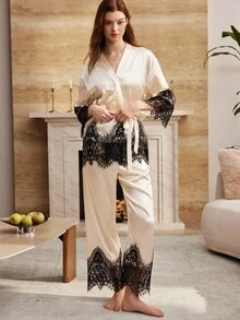 Moireta مجموعة بيجامة نسائية أنيقة من القطن الساتان بأكمام طويلة مع تطريز دانتيل، مناسبة لجميع الفصول، قطعتان - لون شمبانيي - مشاهدة 5