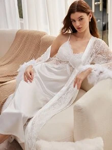 Moireta رداء شيفون أبيض شفاف طويل لموسم الزفاف، فستان كامي ساتان بدون ظهر، طقم ملابس نوم مزين بالدانتيل - أبيض - مشاهدة 6