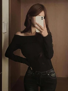 DAZY Women's Solid Color Off-Shoulder Fitted Black Short Sleeve T-Shirt Spring Summer Vacation - Black - View 7