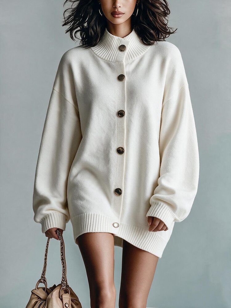 Omancia Elegant High Neck Single-Breasted Long Sleeve Cardigan For Women - White - View 4