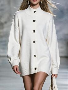 Omancia Elegant High Neck Single-Breasted Long Sleeve Cardigan For Women - White - View 3
