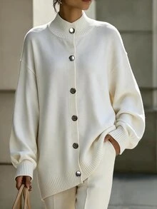 Omancia Elegant High Neck Single-Breasted Long Sleeve Cardigan For Women - White - View 1