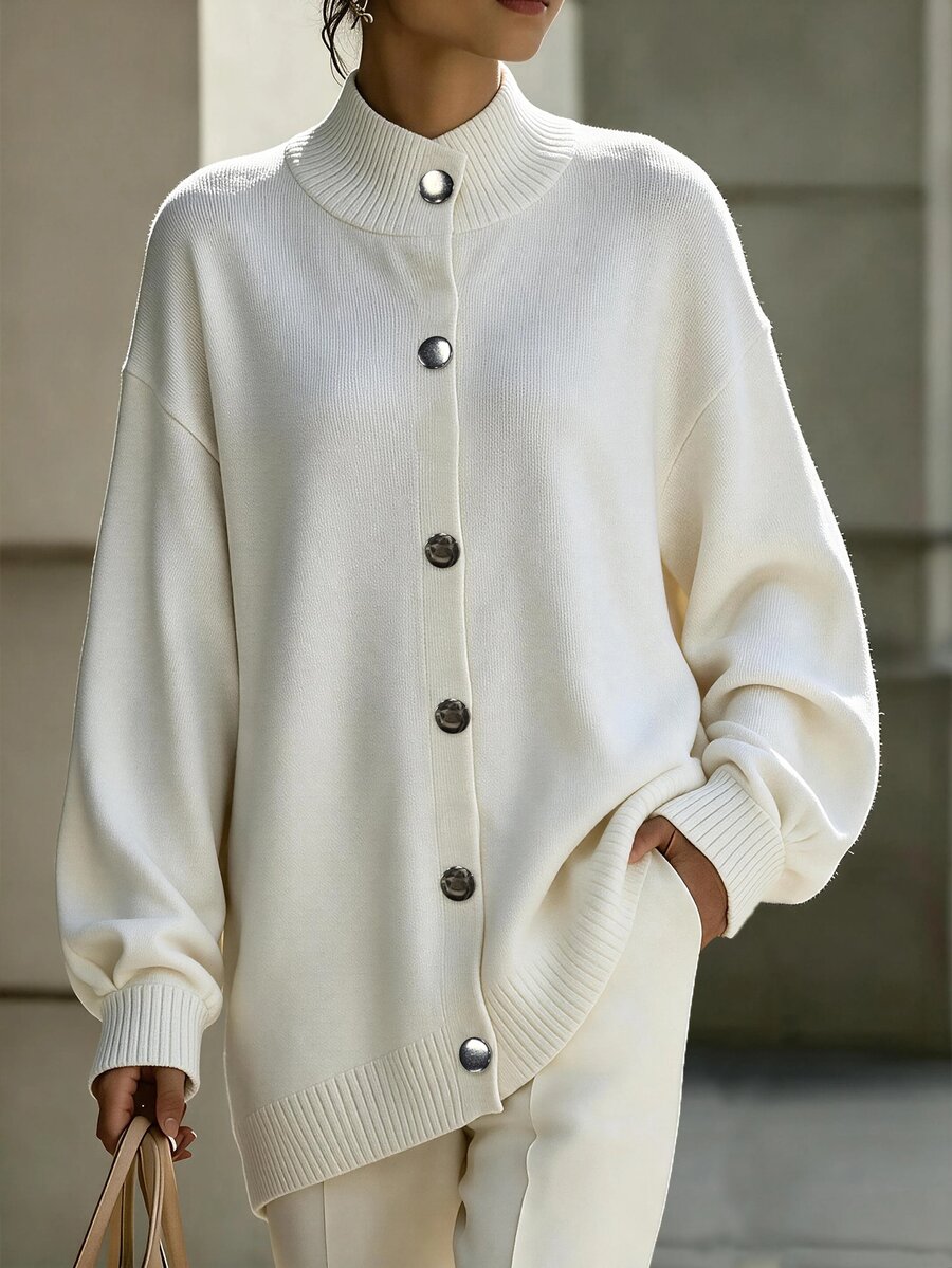 Omancia Elegant High Neck Single-Breasted Long Sleeve Cardigan For Women - White - View 1