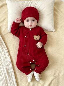 SHEIN Newborn Baby Bear Patchwork Cute Button Romper - Red - View 10