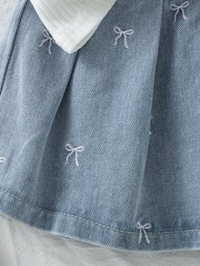 Genkimix Kids 女童Polo衫裙套装，夏季新款，可爱甜美风，白色罗纹针织无袖上衣，粉色蝴蝶结刺绣，浅蓝色牛仔百褶裙，松紧腰带，柔软舒适，休闲百搭，适合日常、学校假期旅行。 - 白色 - 查看 7