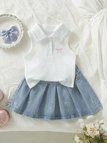 Genkimix Kids 女童Polo衫裙套装，夏季新款，可爱甜美风，白色罗纹针织无袖上衣，粉色蝴蝶结刺绣，浅蓝色牛仔百褶裙，松紧腰带，柔软舒适，休闲百搭，适合日常、学校假期旅行。 - 白色 - 查看 4