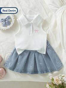 Genkimix Kids 女童Polo衫裙套装，夏季新款，可爱甜美风，白色罗纹针织无袖上衣，粉色蝴蝶结刺绣，浅蓝色牛仔百褶裙，松紧腰带，柔软舒适，休闲百搭，适合日常、学校假期旅行。 - 白色 - 查看 2