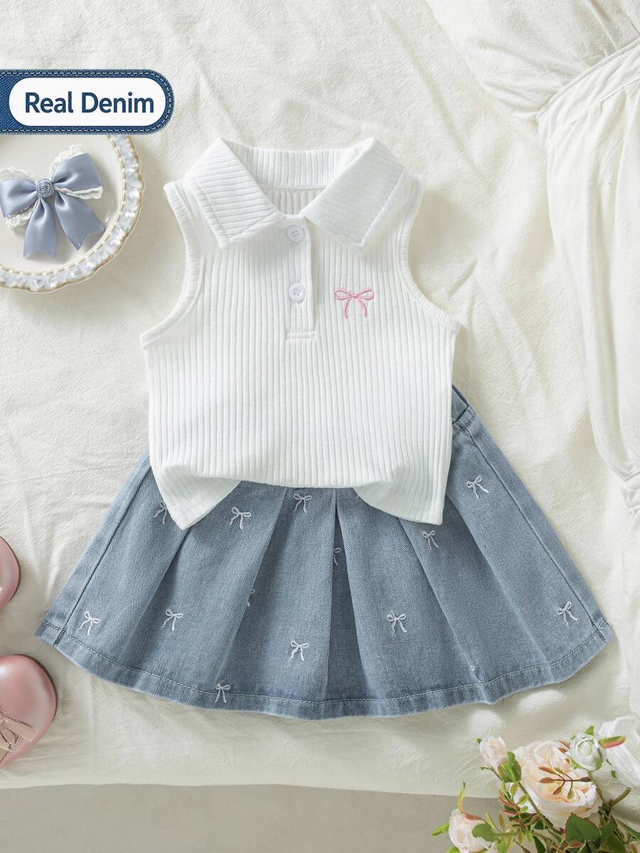 Genkimix Kids 女童Polo衫裙套装，夏季新款，可爱甜美风，白色罗纹针织无袖上衣，粉色蝴蝶结刺绣，浅蓝色牛仔百褶裙，松紧腰带，柔软舒适，休闲百搭，适合日常、学校假期旅行。