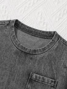 SHEIN 2pcs Baby Boy Knit Denim Loose Top And Shorts Set, Blue - Light Grey - View 3