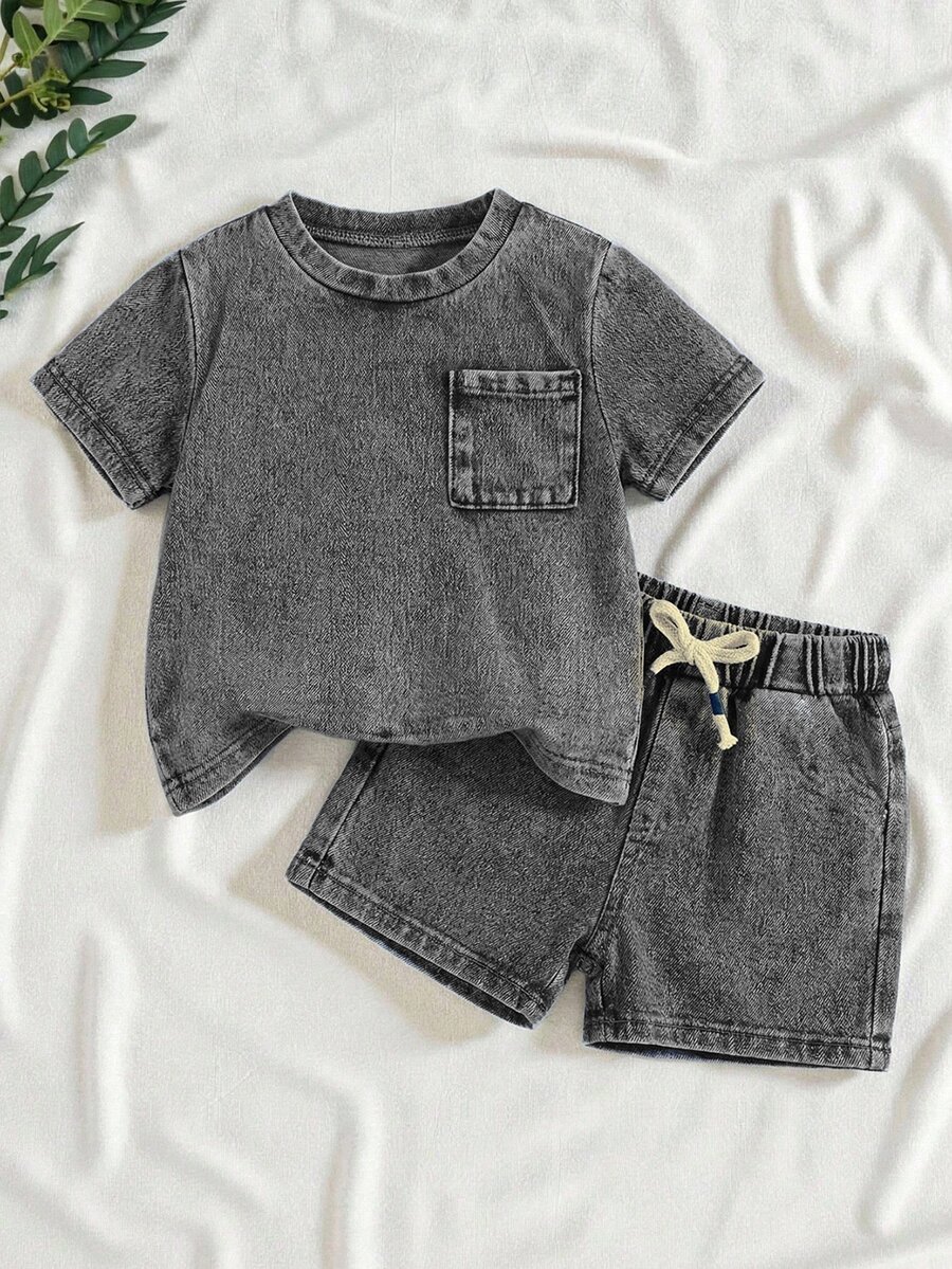 SHEIN 2pcs Baby Boy Knit Denim Loose Top And Shorts Set, Blue - Light Grey - View 1