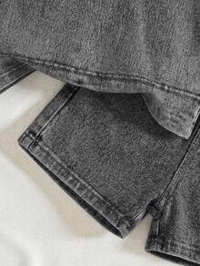 SHEIN 2pcs Baby Boy Knit Denim Loose Top And Shorts Set, Blue - Light Grey - View 6