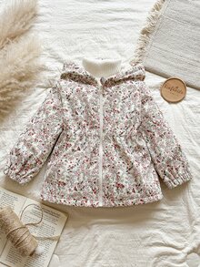 SHEIN Playful Pals Young Girls Cute Printed Thermal Lined Zip-Up Jacket, Autumn/Winter - Beige - View 7