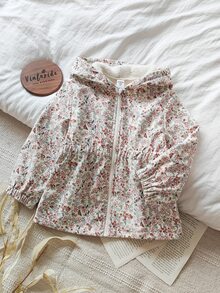 SHEIN Playful Pals Young Girls Cute Printed Thermal Lined Zip-Up Jacket, Autumn/Winter - Beige - View 3
