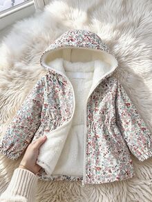SHEIN Playful Pals Young Girls Cute Printed Thermal Lined Zip-Up Jacket, Autumn/Winter - Beige - View 1