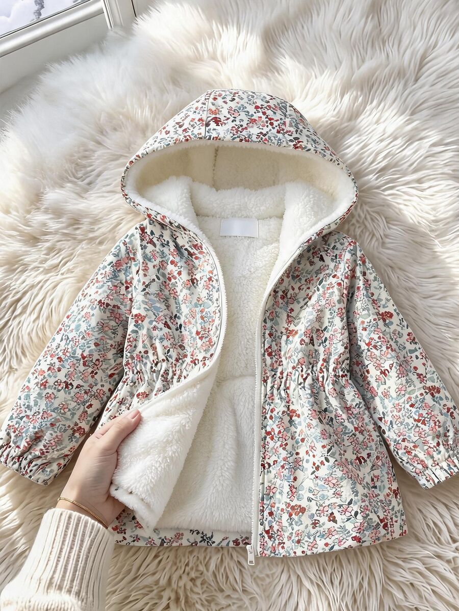 SHEIN Playful Pals Young Girls Cute Printed Thermal Lined Zip-Up Jacket, Autumn/Winter - Beige - View 1