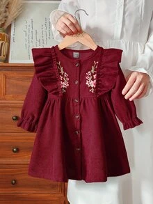 SHEIN Playful Pals 1pc Baby Girls' Embroidered Casual Dress, Elegant Mori Style, Spring/Autumn - Burgundy - View 3
