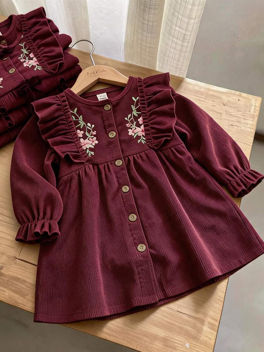 SHEIN Playful Pals 1pc Baby Girls' Embroidered Casual Dress, Elegant Mori Style, Spring/Autumn - Burgundy - View 1