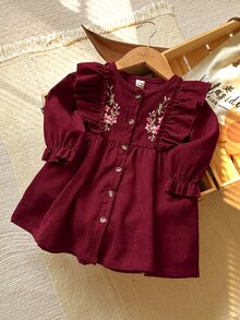 SHEIN Playful Pals 1pc Baby Girls' Embroidered Casual Dress, Elegant Mori Style, Spring/Autumn - Burgundy - View 8