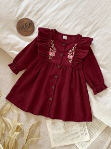 SHEIN Playful Pals 1pc Baby Girls' Embroidered Casual Dress, Elegant Mori Style, Spring/Autumn - Burgundy - View 5