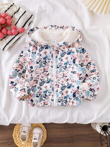 SHEIN Playful Pals 女童花卉印花长袖毛绒保暖夹克，舒适休闲拉链前开衫，冬季适用 - 卡其色 - 查看 6