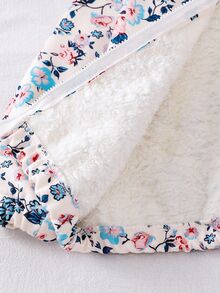 SHEIN Playful Pals 女童花卉印花长袖毛绒保暖夹克，舒适休闲拉链前开衫，冬季适用 - 卡其色 - 查看 8