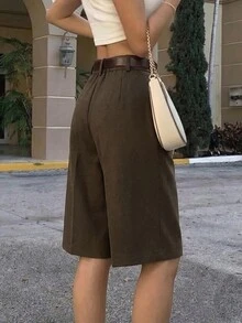 Lavishia Women's New  Brown Elegant Casual Office Commuter Autumn/Winter Wool Asymmetrical Waist 7-Point Pants, Casual Office Style, With Button Pockets - Mocha Brown - View 2