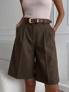Lavishia Women's New  Brown Elegant Casual Office Commuter Autumn/Winter Wool Asymmetrical Waist 7-Point Pants, Casual Office Style, With Button Pockets - Mocha Brown - View 4