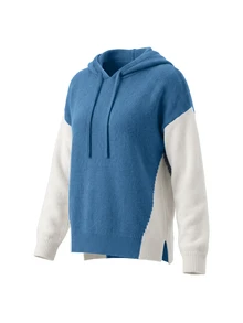 Balvessa Women's Colorblock Patchwork Hooded Drawstring V-Neck Drop Shoulder Ribbed Hem Long Sleeve Minimalist Casual Everyday Versatile Sweater - Multicolor - View 6