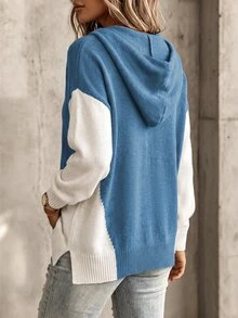 Balvessa Women's Colorblock Patchwork Hooded Drawstring V-Neck Drop Shoulder Ribbed Hem Long Sleeve Minimalist Casual Everyday Versatile Sweater - Multicolor - View 2