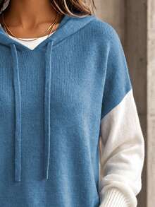 Balvessa Women's Colorblock Patchwork Hooded Drawstring V-Neck Drop Shoulder Ribbed Hem Long Sleeve Minimalist Casual Everyday Versatile Sweater - Multicolor - View 5