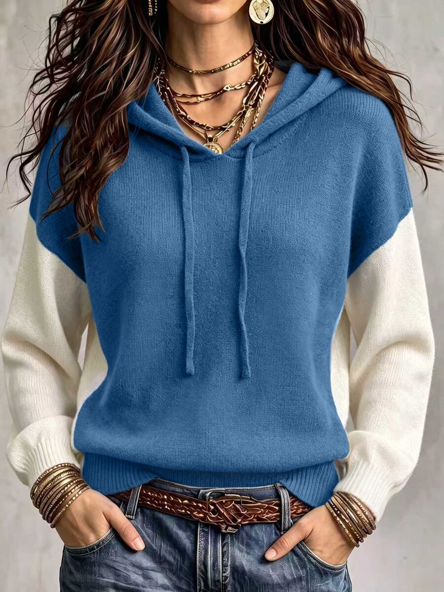 Balvessa Women's Colorblock Patchwork Hooded Drawstring V-Neck Drop Shoulder Ribbed Hem Long Sleeve Minimalist Casual Everyday Versatile Sweater - Multicolor - View 1