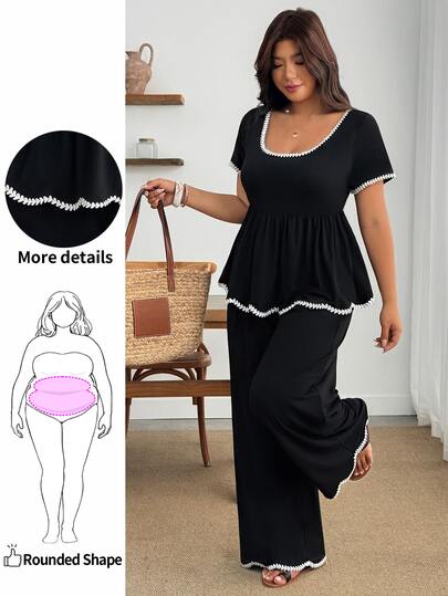 Enliva Plus Size Women's 2-Piece Set Wave Heart Short Sleeve Colorblock Cinched Waist A-Line Hem Casual Commuter Outfit, Spring/Summer Style, Suitable For Daily Casual And Commuter Wear, For Apple And Rounded Body Shape