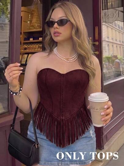 SHEIN MOD Top tubo de mujer talla grande con flecos en el bajo, estilo vintage occidental, corsé sin tirantes de ante de estilo bohemio único, top bustier corto estilo discoteca de otoño, conjunto de top tubo bohemio para todas las estaciones