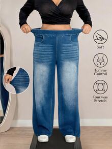 Flexra Women's Plus Size Stretch Straight Leg Elastic Waist Denim Jeans Formal Vacation Blue Summer Casual Decent - Medium Wash - View 1
