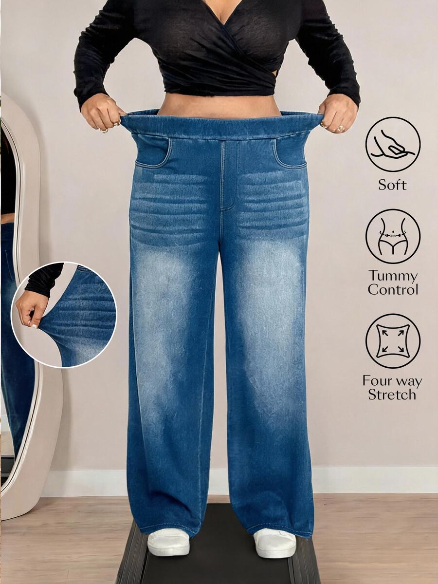 Flexra Women's Plus Size Stretch Straight Leg Elastic Waist Denim Jeans Formal Vacation Blue Summer Casual Decent - Medium Wash - View 1